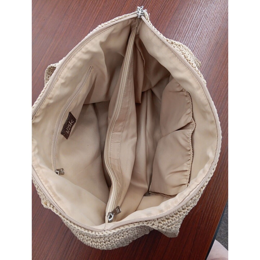 The Sak Tote Handbag Beige Crochet Carryall Metallic Lined Zip Double Handle - Picture 3 of 7